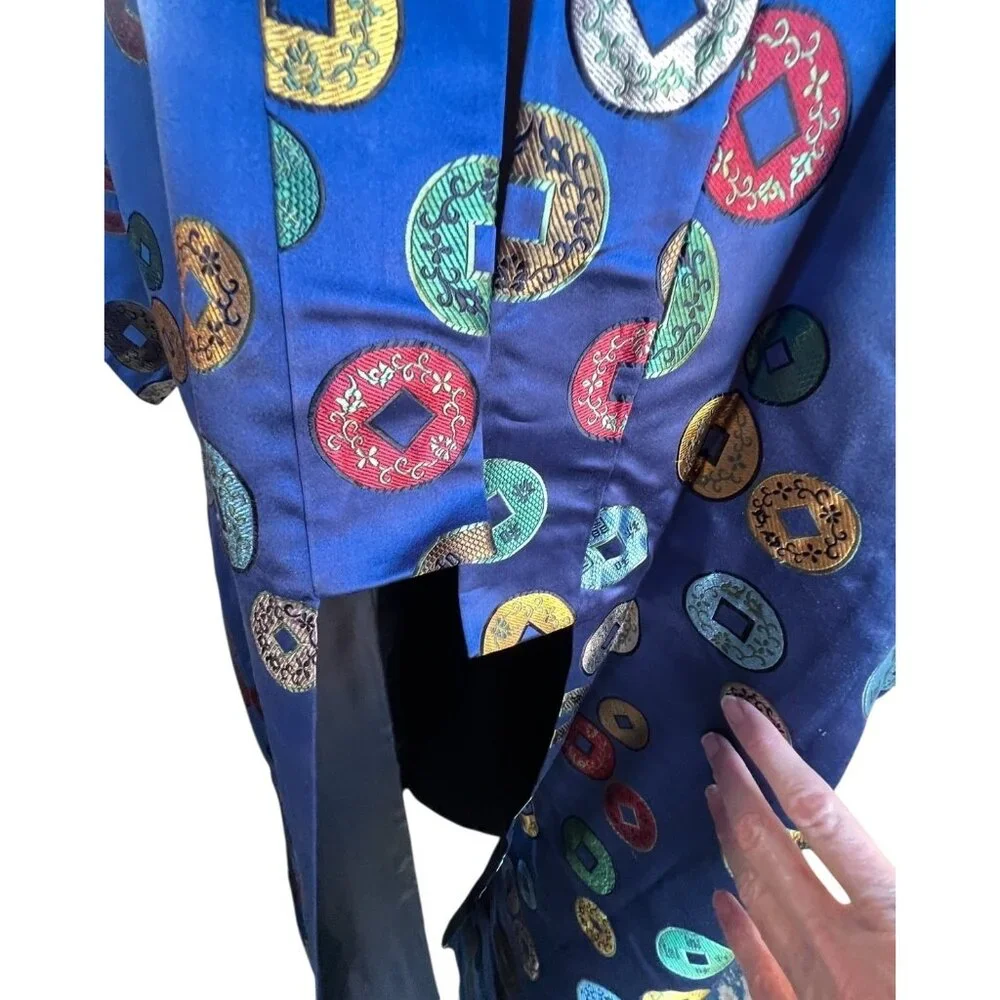 Kimono Royal Blue Satin With Multicolor Brocade Motifs Women’s Size 16 18New - Picture 6 of 12